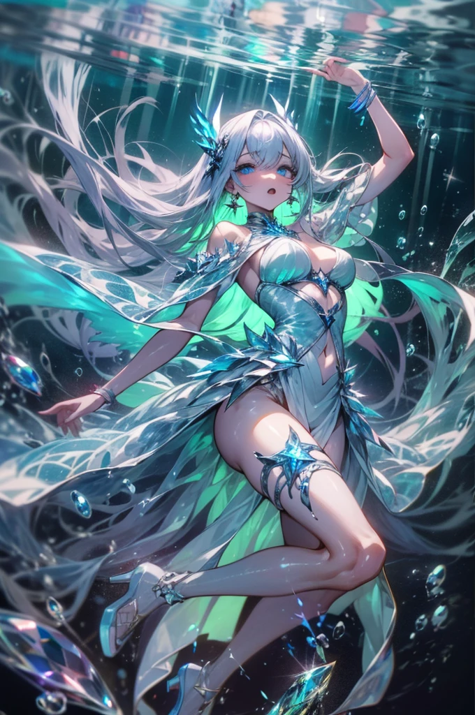 masterpiece, highest quality, 4k, high quality, insane details, illustration, 1girl, white long hair, light blue eyes, frilly dresorest), dark atmosphere, mystical, perfect body, perfect face, beautiful eyes, bioluminescence, bioluminescent water shining through her dress, shiny, translucent, volumetric lighting, crystal earrings, aesthetic, detailed background, full body shot