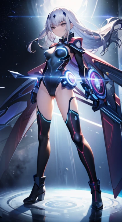 1girl in, Superhero, Mature Woman, Leotard, Bare legs, long boots, gloves, medium breasts, glowing body, the light that surrounds her body, light Particle, Space background, floating, Cowboy Shot, Full body shot, super powers, Perfect Anatomy.