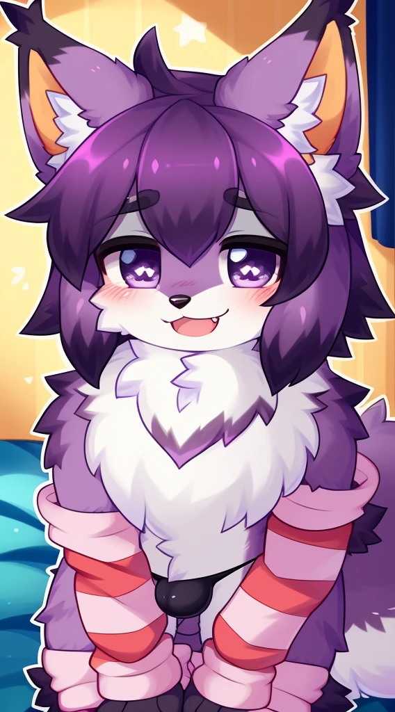 Furry male, eyeliner, eyelashes, (((black eyeshadow))), ((male focus)), lynx, (((purple fur))), (purple hair), furry, cute fangs, cute, medium hair, furry, anime style, fluff, fluffy, thuft, disheveled, realistic fur, detailed, detailed shadows, cheeks fluff, ((fullrender)), (((neck fluff))), <3 eyes, icon portrait, avatar icon, only face, smug face, ((super fluffy)), (upper body), one fang, ((shoulder fluff)), ((shoulder tuft)), ((hairy body)), (((fluffy body))), (((furry body))), thicc thighs, detailed hands, yiffy, teasing face, ((bedroom background)), (((kemono))), ((leg warmers)), ((arm warmers)), upper body, seductive pose, solo focus, ((by jinxit)), pawpads, claws, Bulge, thong, blush,