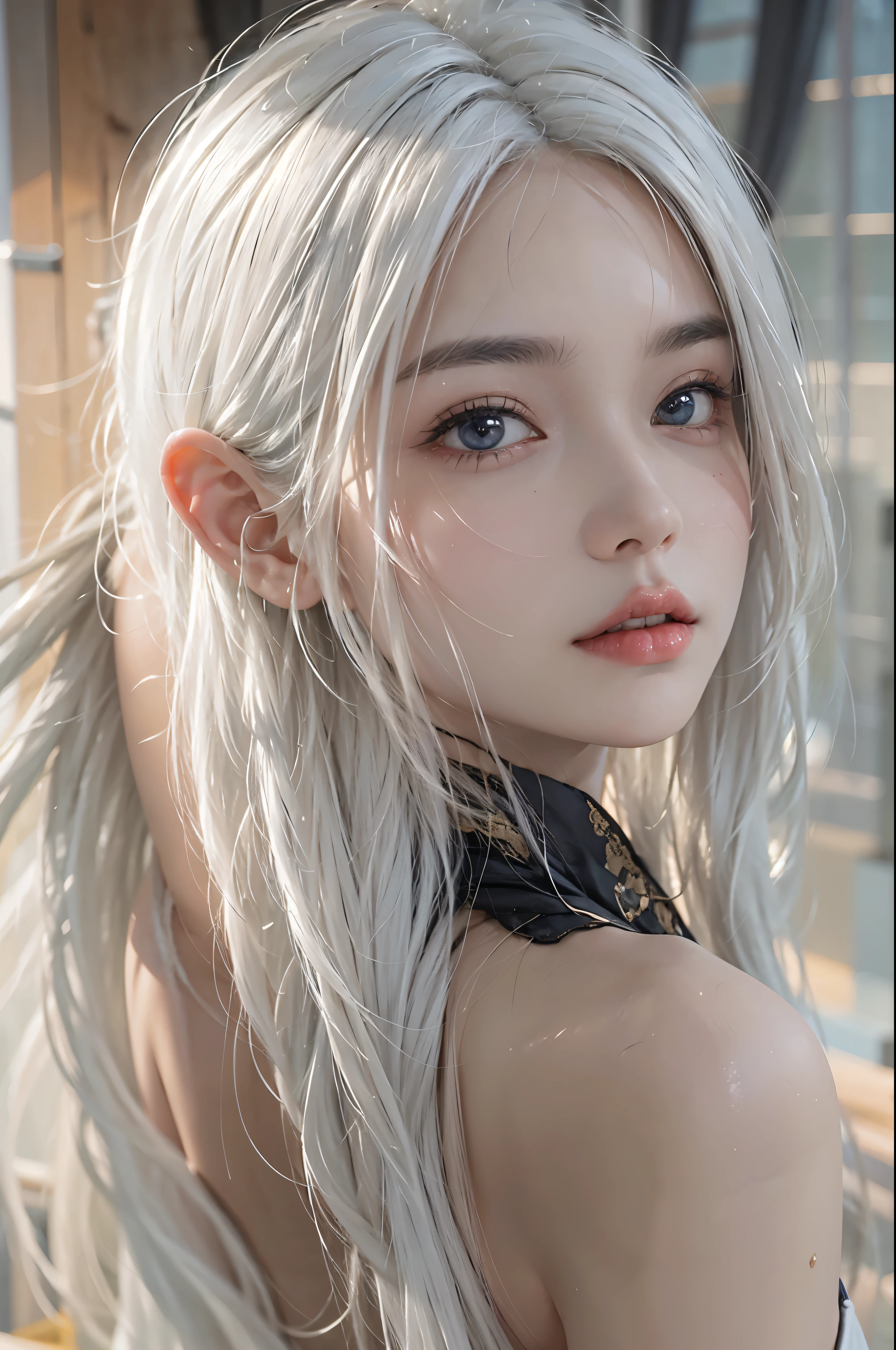 Photorealistic, High resolution, 1 Women, Solo, lower back_ ass hole up, lower back ass hole up, Beautiful eyes, look at viewr, Close lips, Detailed face, White hair, Long hair, black micro-bikini, thong