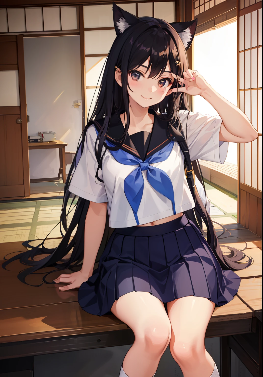 1girl in、A smile、The shirt、skirt by the、(small tits)Chilarism、Japan High School Student Uniform、serafuku、summer clothing、(Portrait from the knee up)、