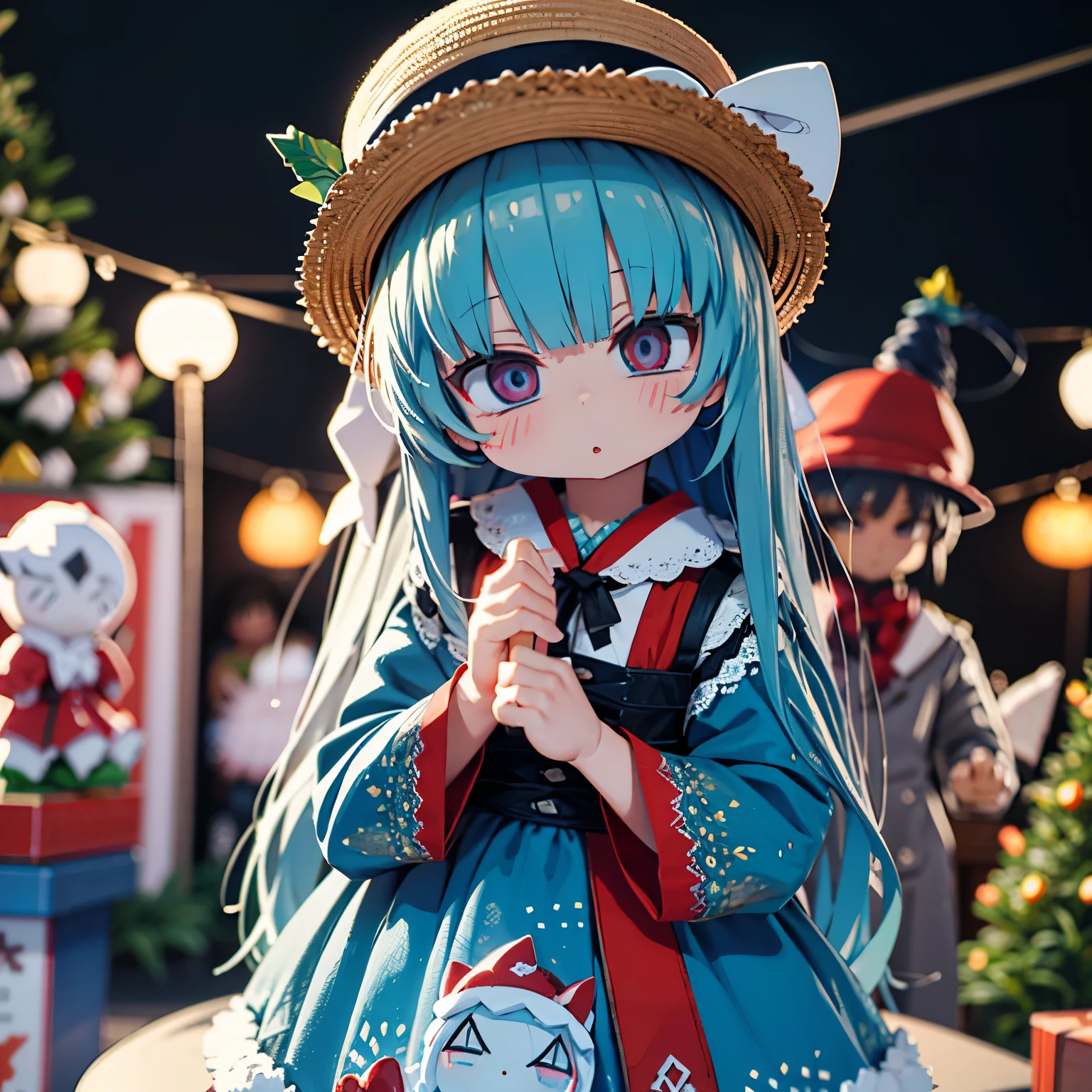 longshot、flying doll、Doll wearing a dress and straw hat、pop-up parade figures、Jellyfish、anime figure、Christmas tree on background、Strong blur