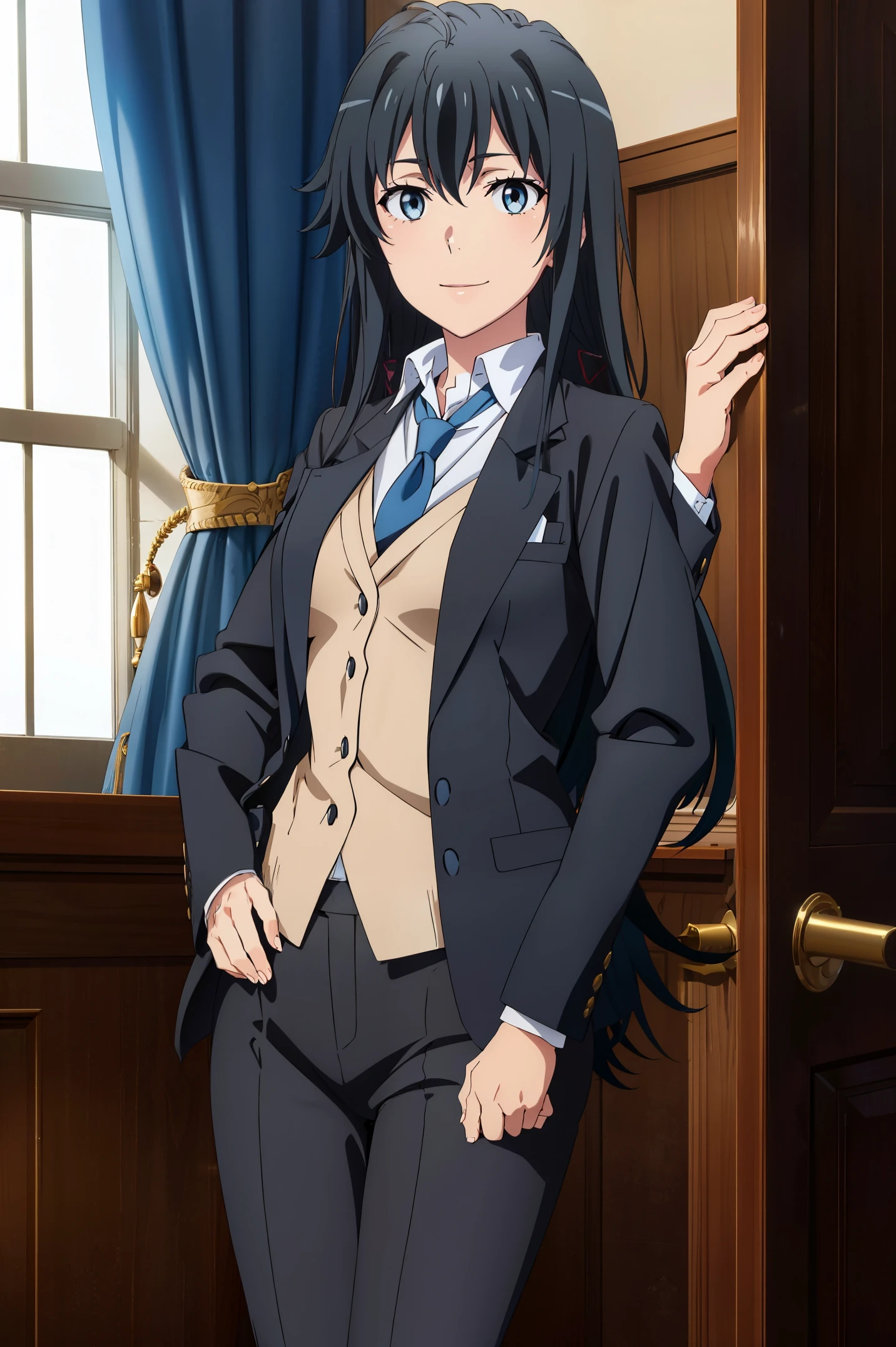 Best quality, masterpiece, highres,Yukinoshita yukino ,woman in formal attractive tailcoat standing in a large alcove in the room , 1girl, solo, blue necktie, black hair, blue eyes, long hair, smile , collared shirt, white pants, white shirt , tailored tailcoat elegant , standing in front of a window ,tailcoat tailored to elegant crafted from the lustrous fabric school background