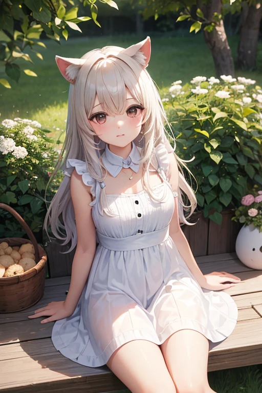 ((Obra maestra, La mejor calidad)),1girl, solamente, Orejas de animales, conejo, descalzo, falda, sentada, conejo ears, manga corta, (vejatorio, bashful, ruboroso: 1.3), Mirando a la audiencia, Hierba, pelo corto, cabello canoso, Mangas de hojaldre, al aire libre, fluffy manga corta, flequillo, sobre el terreno, cuerpo completo, animal, vestido blanco, luz del sol, brown eyes, mottled luz del sol, tag, sexy