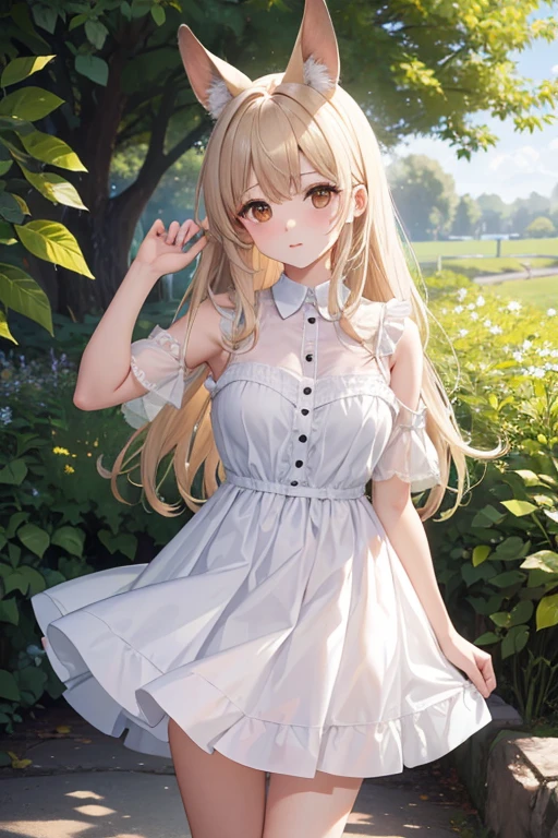((Obra maestra, La mejor calidad)),1girl, solamente, Orejas de animales, conejo, descalzo, falda, sentada, conejo ears, manga corta, (vejatorio, bashful, ruboroso: 1.3), Mirando a la audiencia, Hierba, pelo corto, cabello canoso, Mangas de hojaldre, al aire libre, fluffy manga corta, flequillo, sobre el terreno, cuerpo completo, animal, vestido blanco, luz del sol, brown eyes, mottled luz del sol, tag, sexy