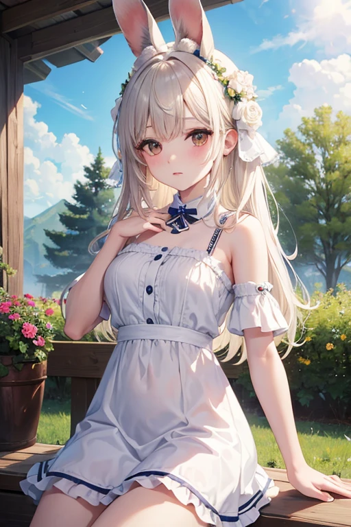 ((Obra maestra, La mejor calidad)),1girl, solamente, Orejas de animales, conejo, descalzo, falda, sentada, conejo ears, manga corta, (vejatorio, bashful, ruboroso: 1.3), Mirando a la audiencia, Hierba, pelo corto, cabello canoso, Mangas de hojaldre, al aire libre, fluffy manga corta, flequillo, sobre el terreno, cuerpo completo, animal, vestido blanco, luz del sol, brown eyes, mottled luz del sol, tag, sexy