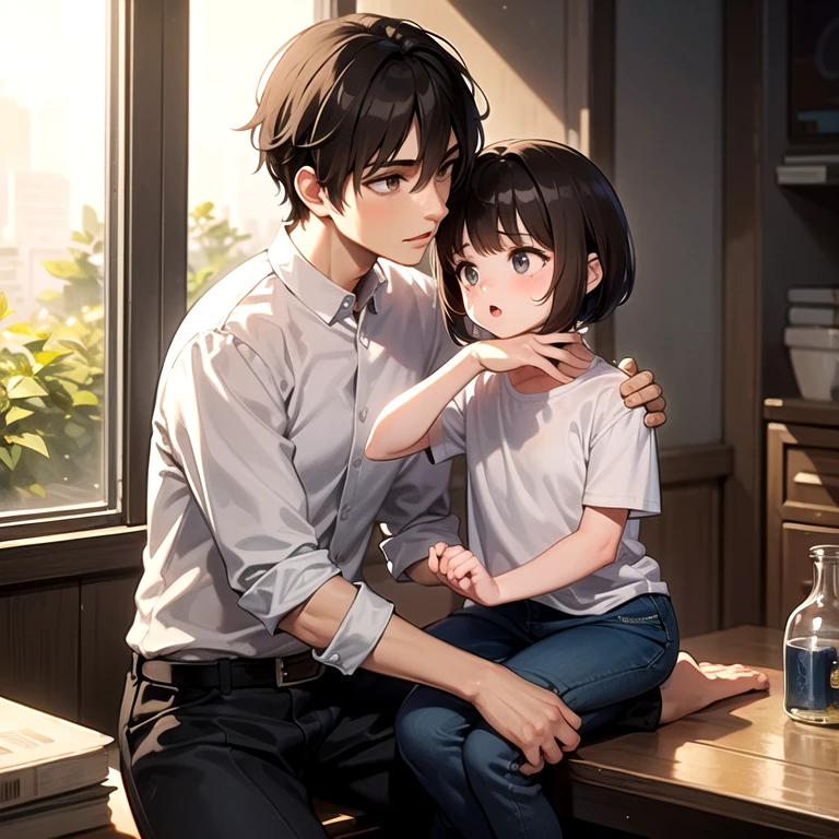 masterpiece, best quality, 1boy, 1girl, child, brother and sister, medium hair, light brown hair, grey eyes, shirt, pants, very short hair, brown hair, brown eyes, indoors