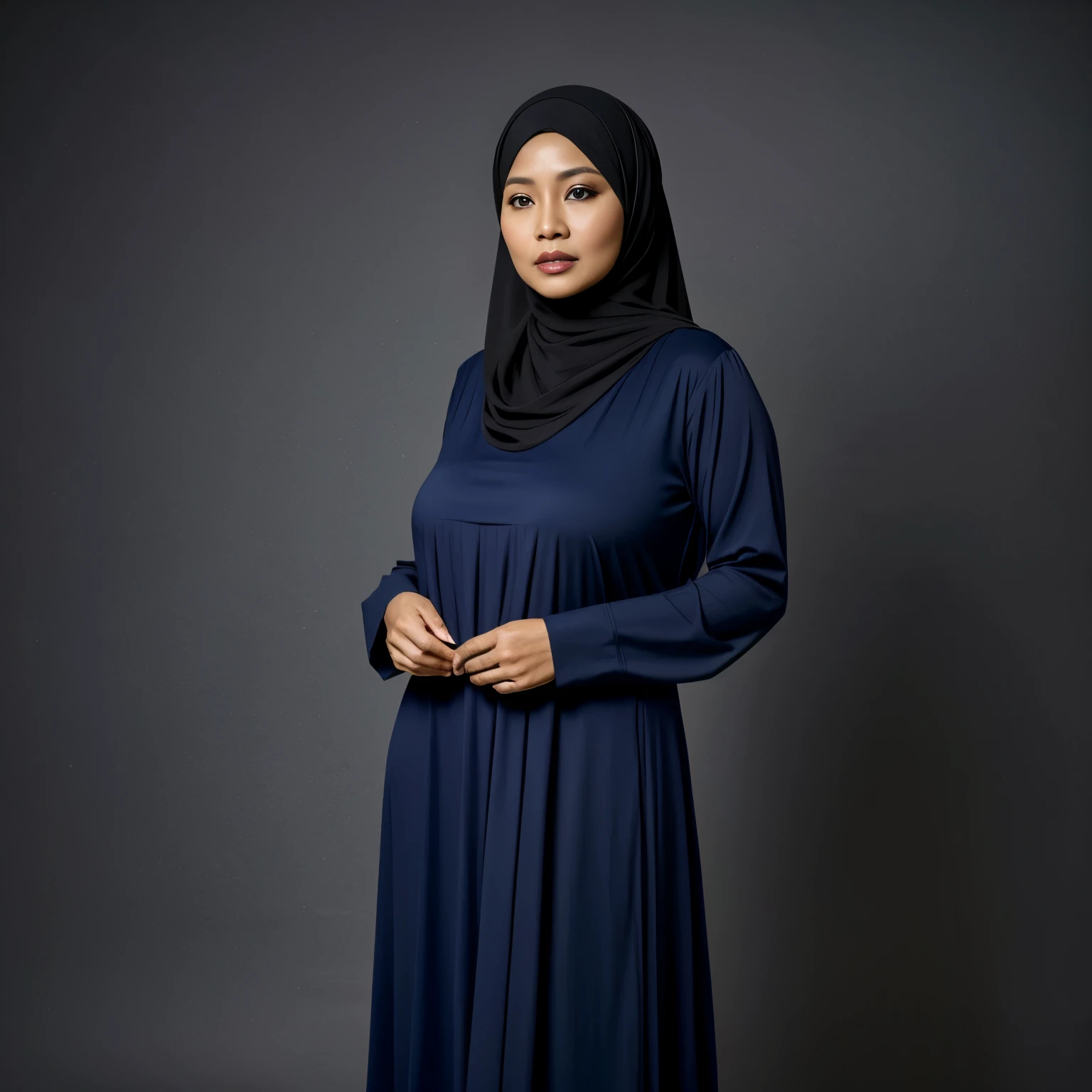 52 years Old, Hijab Indonesian mature woman, Large Tits : 96.9, Tight Gamis, Slim body, Breast about To burst out, at Studio Photo, Dark light, at NightTime
