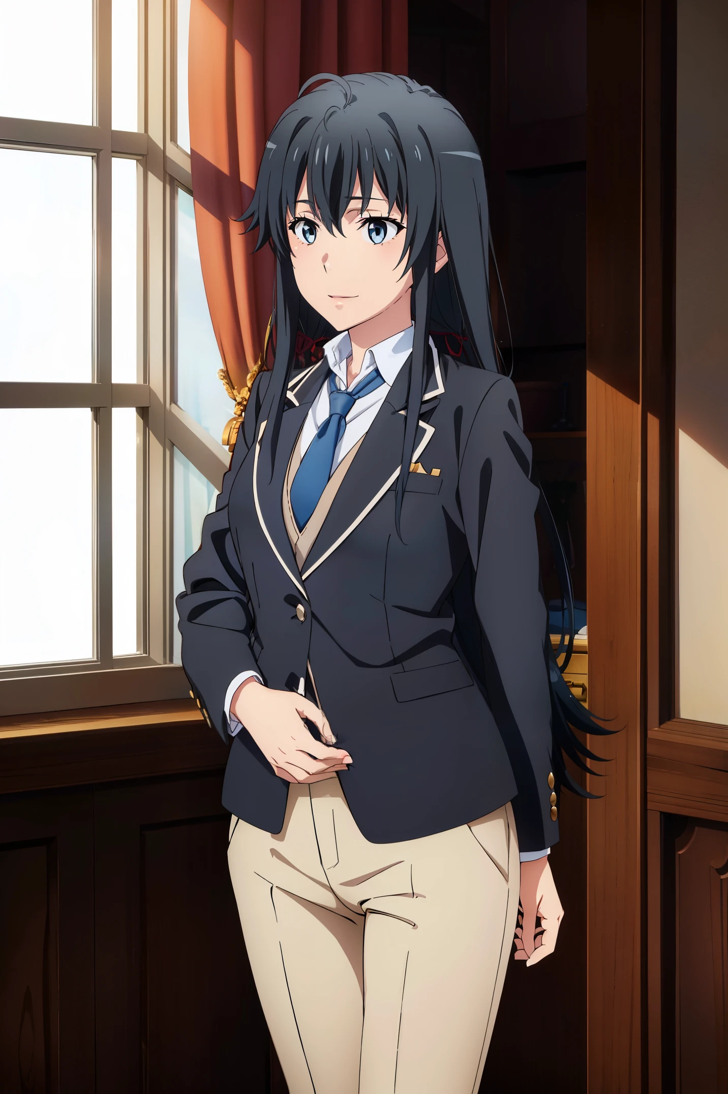 Best quality, masterpiece, highres,Yukinoshita yukino ,woman in formal attractive tailcoat standing in a large alcove in the room , 1girl, solo, blue necktie, black hair, blue eyes, long hair, smile , collared shirt, white pants, white shirt , tailored tailcoat elegant , standing in front of a window ,tailcoat tailored to elegant crafted from the lustrous fabric school background