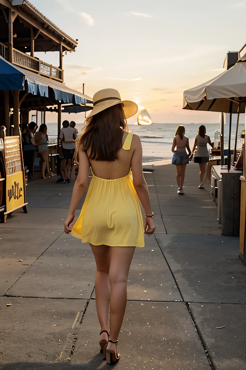 photograph of a 20yo woman, perfect face, yellow sundress, at pier, stalls, sunset, key light on hair, body, walking, side, looking away, heels, busy, people in background, wide brim hat, laughing