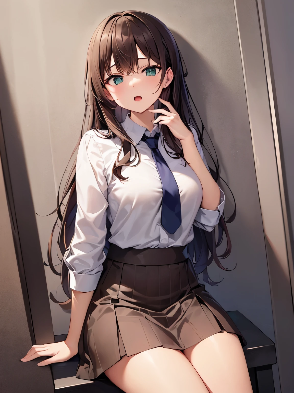 Placing hand on knee, High angle, (leaning forward:1.3), Staring、masterpiece、top-quality、 A 40-year-old green-eyed woman with wavy lobed brown bangs.、wearing a white collarless blouse、wearing a brown skirt、scared, open mouth, Background outside、(is standing:1.3)、Bold composition、Alone、