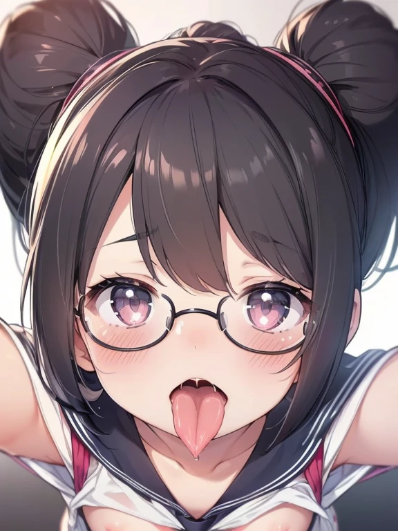 ultra-detailliert, Best Quality, High resolution, ((A petite, black-haired girl with a large face and cute droopy eyes, who wears round glasses and looks up.))、Pretty eyes、Detailed eye depiction、Eye sparkle、Looking at Viewer, pale skin、(((Petite)))、(flat chest:1.4), (blush:1.2), (big eye:1.4), a smile, in class room, Focus on the face, long ponytail hair, ((super close up of tongue))、((from above)), open_mouth, (((face only))), (()), nsfw, saliva, a sailor suit