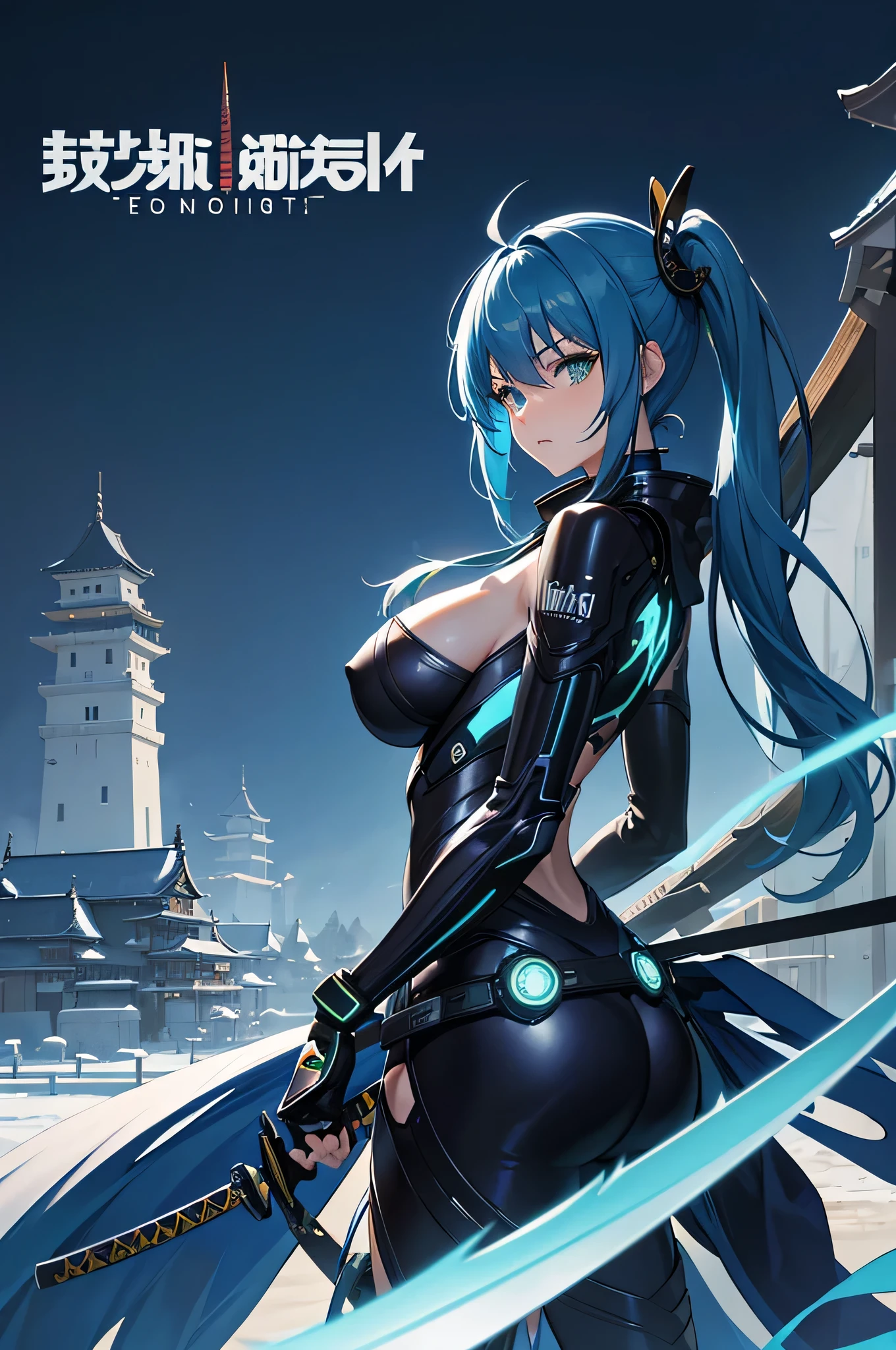 4K,hight resolution,One Woman,Bright blue hair,poneyTail,Green eyes,Colossal tits,samurais,dark blue cyber suit,Japanese Katana Sword,Futuristic Japanese castle tower,Night background