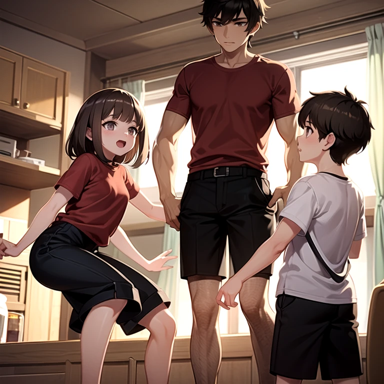 masterpiece, best quality, 1boy, 1girl, children, brother and sister, medium hair, light brown hair, grey eyes, shirt, pants, very short hair, brown hair, brown eyes, red shirt, black shorts, indoors
