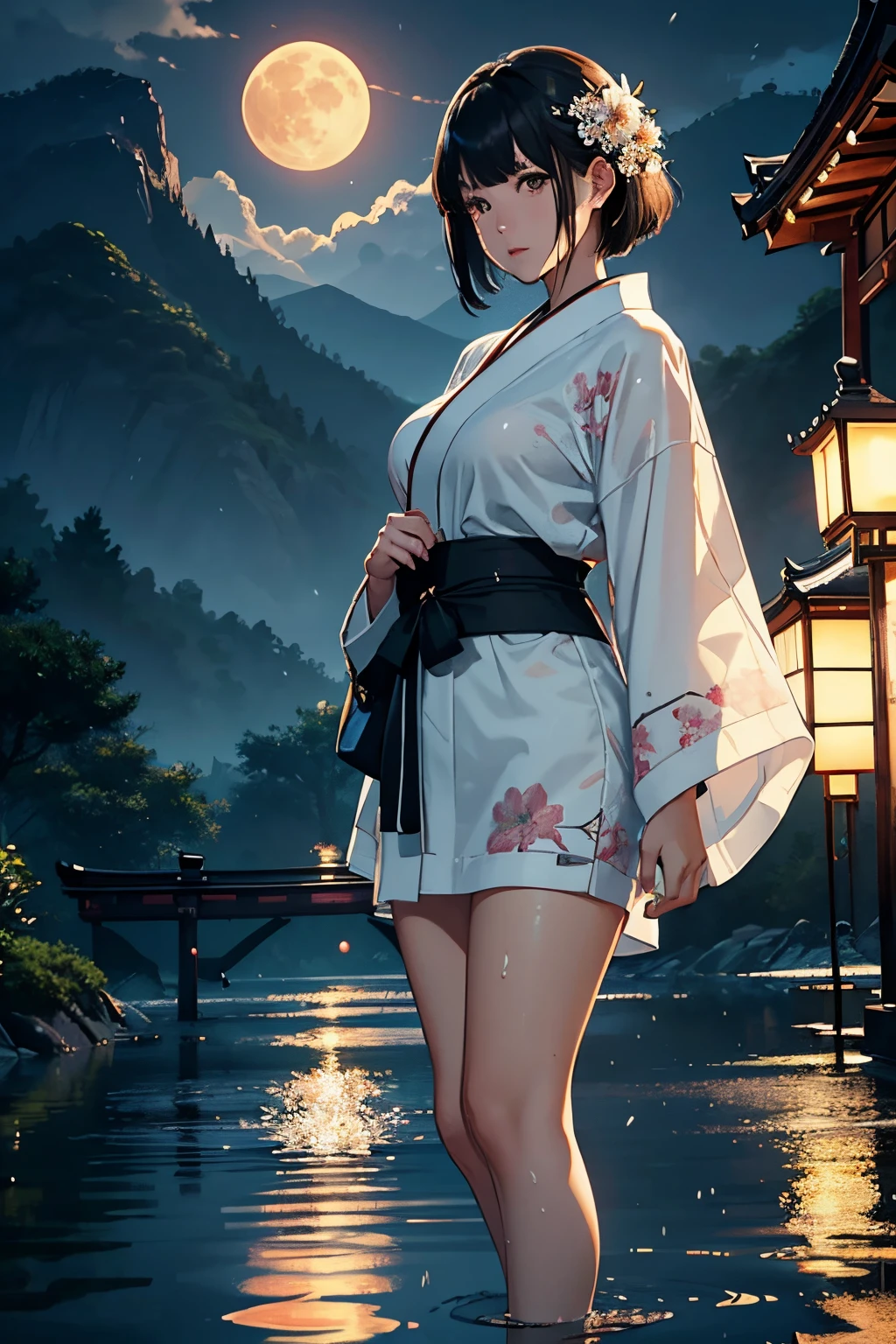 The young woman, Beautiful shape, The eyes are very delicate and beautiful., Big moon, Stand in ankle-deep water., reflection, เสื้อผ้าwet, Black Hair, Short Hair Hair, bangs, ผมwet, Very detail, Hair ornaments, Japanese clothes, Yukata, white kimono, translucent, Floral, Open shoulders, wet, lamp, nighttime, outdoor, It's raining, mountain, clouds, lamp, night sky, trees, Very detail, CG, Cinematic lighting, detailed background, East Asian Architecture