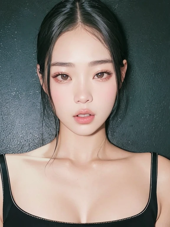 un primer plano de una mujer con un top negro y un fondo negro, Blackpink Jennie, Parque Roseanne de Blackpink, Jaeyeon Nam, Heonhwa Choe, Jinyoung Shin, Jossi de Blackpink, Korean symmetrical face, Taejune Kim, Gongbi, Seseon Yoon, portrait of Jossi de Blackpink, Joven y adorable rostro coreano, Lee Ji - Eun
