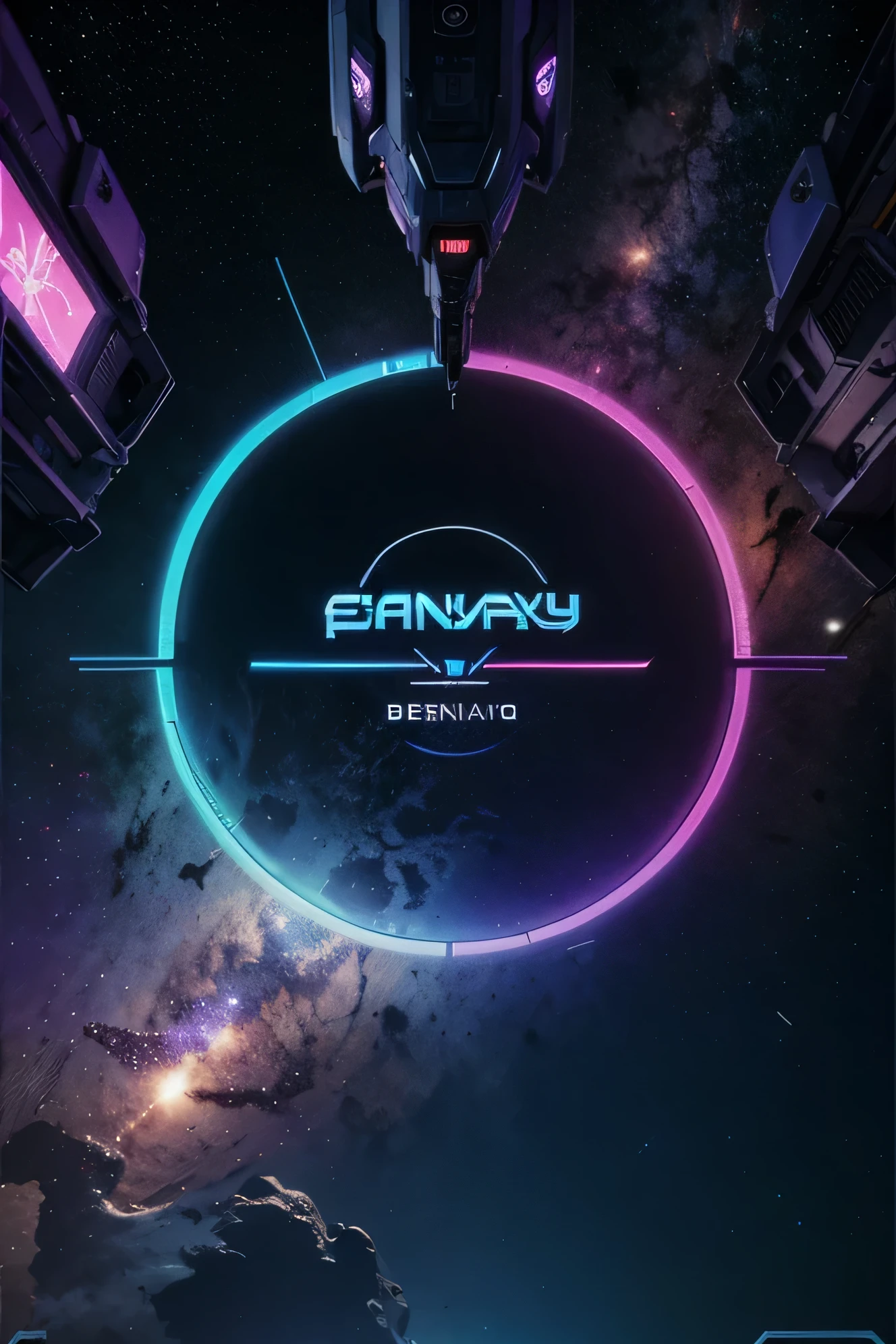 Generate a banner with the name e-play in the center relating the cyberpunk universe and space, as cores principais devem ser: azul, roxo e amarelo