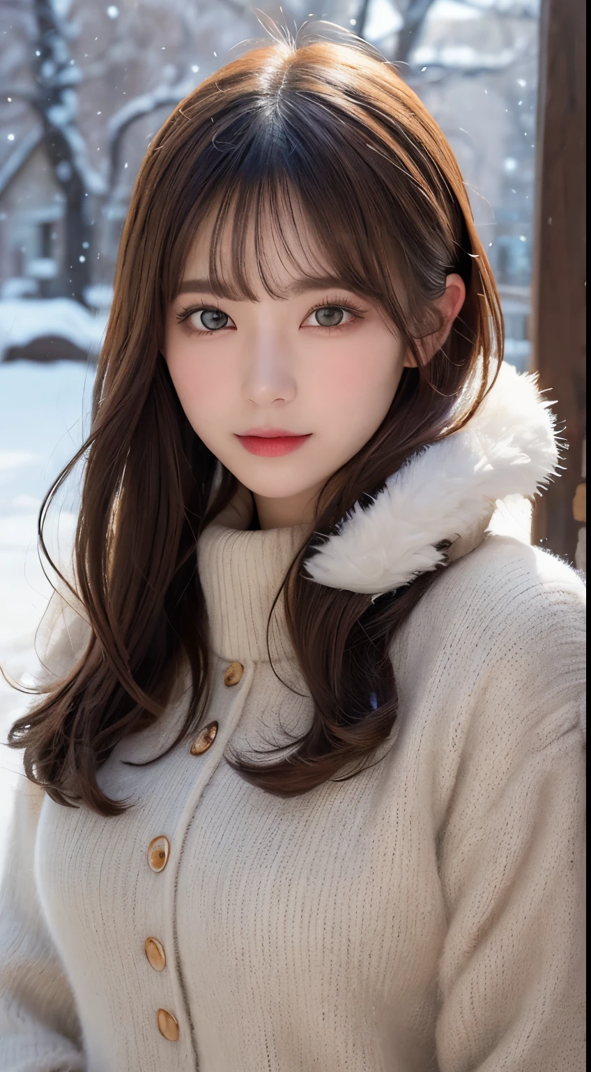 masutepiece, Best Quality, Illustration, Ultra-detailed, finely detail, hight resolution, 8K Wallpaper, Perfect dynamic composition, Beautiful detailed eyes, Fluffy winter clothes with fur,Medium Hair,Small breasts natural color lip、20 years girl、Cute、is looking at the camera,slim face and body