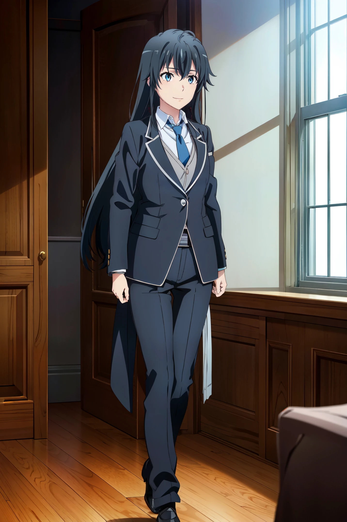 Best quality, masterpiece, highres,Yukinoshita yukino ,woman in formal attractive tailcoat standing in a large alcove in the room , 1girl, solo, blue necktie, black hair, blue eyes, long hair, smile , collared shirt, white pants, white shirt , tailored tailcoat elegant , standing in front of a window ,tailcoat tailored to elegant crafted from the lustrous fabric school background
