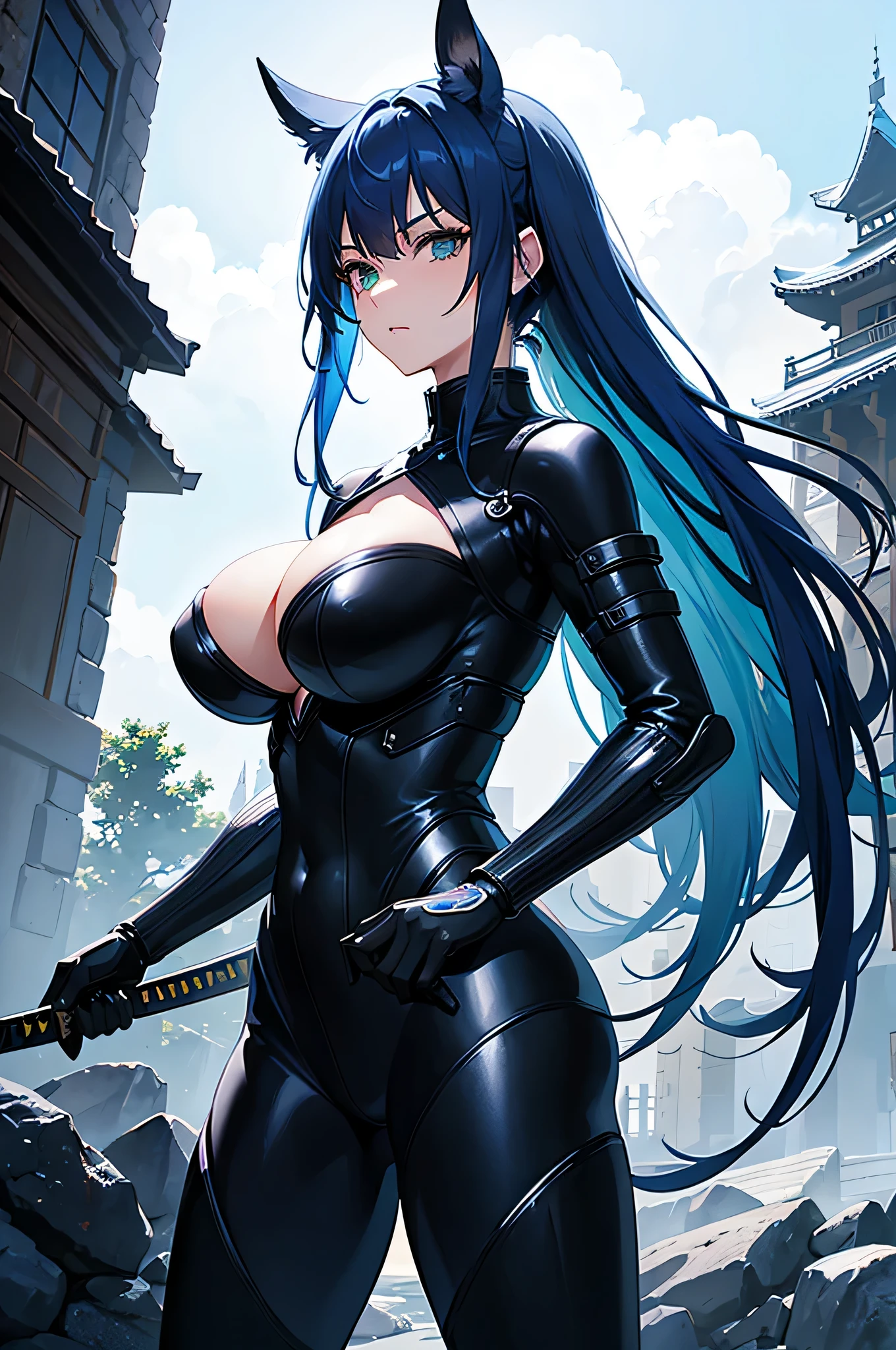 4K,hight resolution,One Woman,Bright blue hair,poneyTail,Green eyes,Colossal tits,samurais,dark blue cyber suit,Japanese Katana Sword,Futuristic Japanese castle tower,Night background