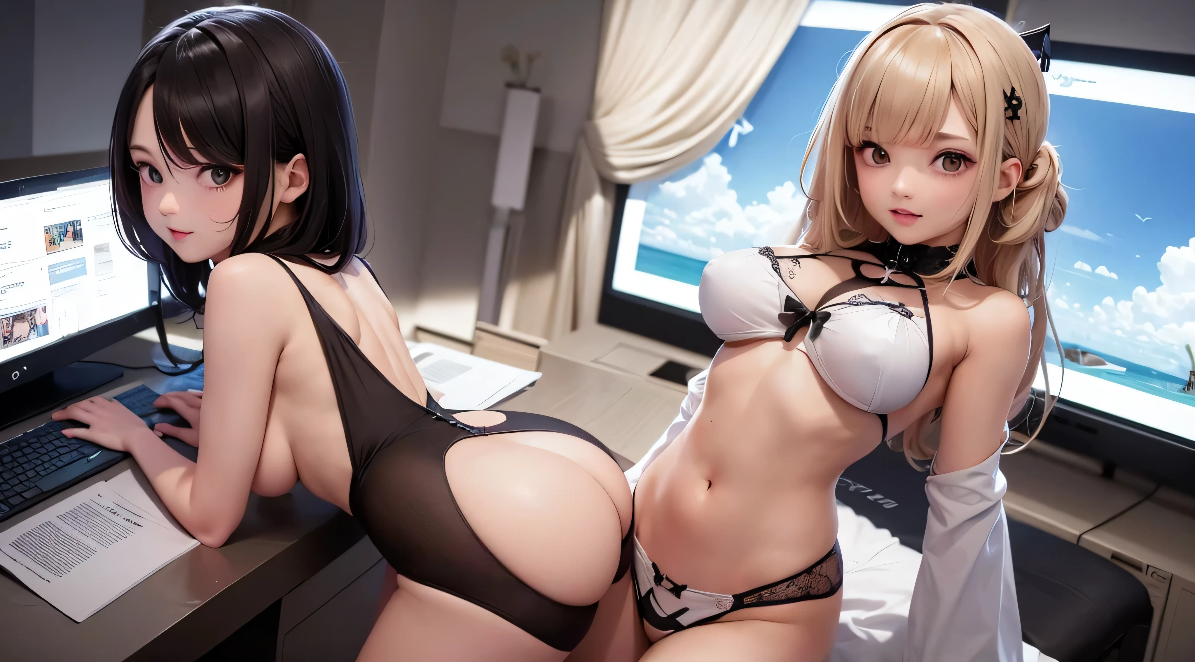 (8k ,Hiperdetalhamento,Ultra foto realsisim,Melhor obra-prima,natureza,Perfect artwork,corpo feminino perfeito),Duas s bonito busty ,(grandes quantidades), e elegante quarto de meninautador,computador desk,Display screen,Large screen,Virtual display,Equipamento de jogos VR,computador competitive games,Roupas sexy cool,Penteado elegante,Menina do jopetitivo sexy bonito,Sente-se na cadeira,Calcinha fio dental legal,clivagem grande,,Carne esticada,Criado sexy,The kinky is exposed ,tit,tiro de corpo inteiro de