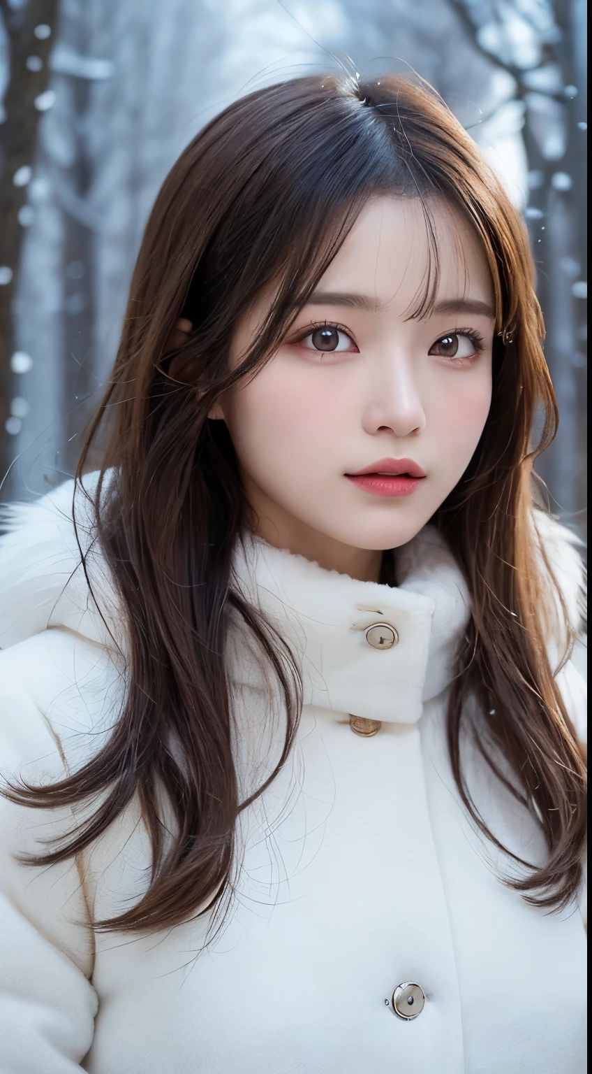masutepiece, Best Quality, Illustration, Ultra-detailed, finely detail, hight resolution, 8K Wallpaper, Perfect dynamic composition, Beautiful detailed eyes, Fluffy winter clothes with fur,Medium Hair,Small breasts natural color lip、20 years girl、Cute、is looking at the camera,slim face and body