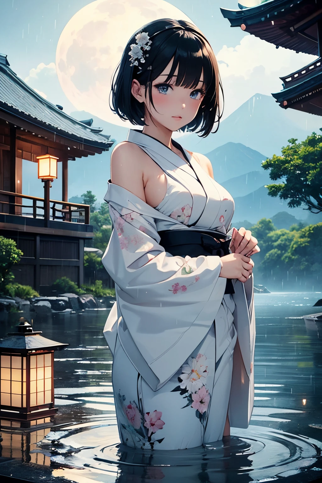 Young woman, beautiful figure, very delicate and beautiful eyes, big moon, rain falling, standing in ankle-deep water, reflection, wet clothes, black hair, short hair, bangs, wet hair, very detailed, Hair accessory, Japanese clothes, yukata, white kimono, translucent, floral pattern, open shoulder, , wet, lantern, night, outdoors, rainy, mountains, clouds, lantern, night sky, trees, details Massive, CG, cinematic lighting, detailed backgrounds, East Asian architecture