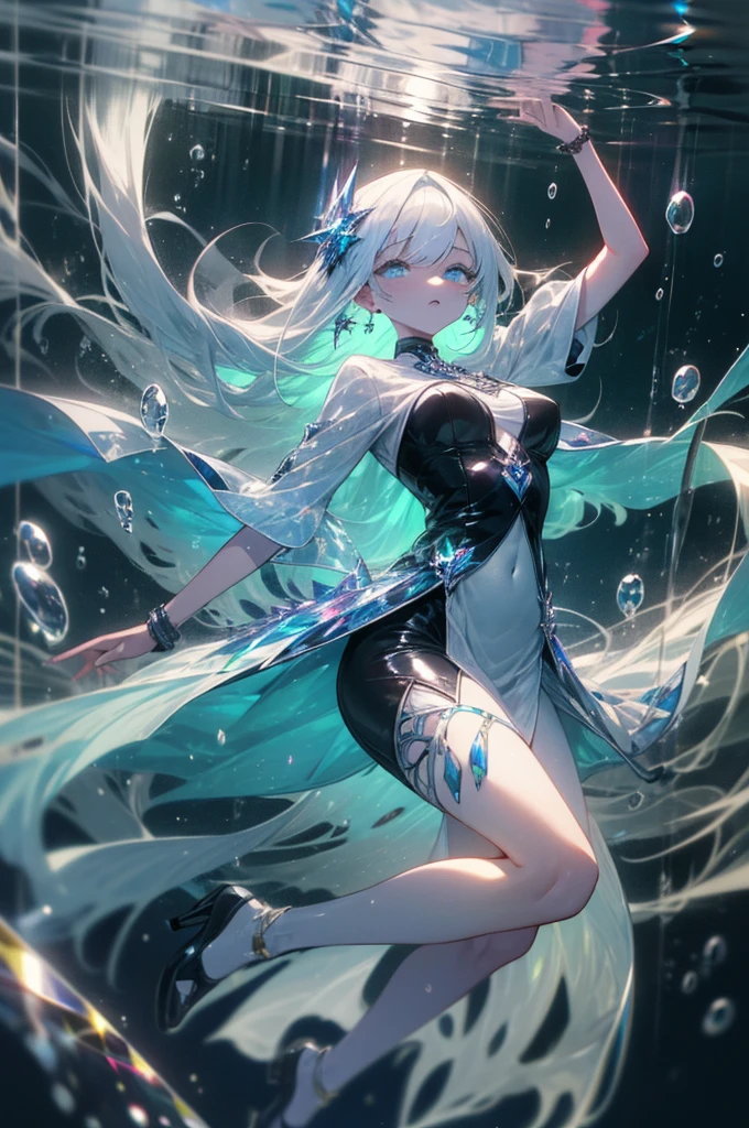 masterpiece, highest quality, 4k, high quality, insane details, illustration, 1girl, white long hair, light blue eyes, frilly dresorest), dark atmosphere, mystical, perfect body, perfect face, beautiful eyes, bioluminescence, bioluminescent water shining through her dress, shiny, translucent, volumetric lighting, crystal earrings, aesthetic, detailed background, full body shot