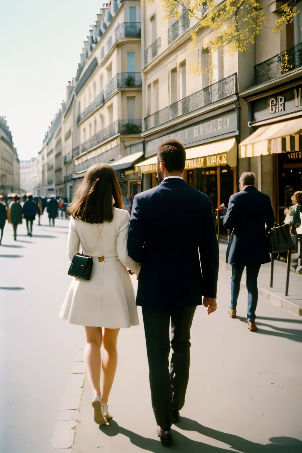 ((best quality)), ((masterpiece)), (detailed), stylish, couple, walking, street in Paris, happy, sunny day, shot in kodak gold 400, seen from behind