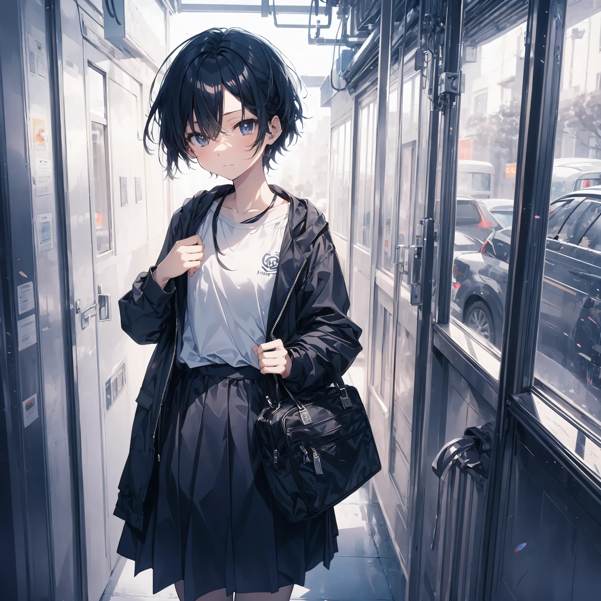 Super high quality by the art god, Ultra-detailed, High resolution, anime moe art style, best anime 8K konachan wallpaper, Pixiv Contest Winner, Perfect Anatomy, BREAK,(Draw a girl sleepily walking to school. ),BREAK, 1girl in, (Solo,Lori,child,13years:1.3),Full limbs, complete fingers,a junior high school student, boyish, Androgynous attraction, (Very short hair), Sleeping hair, hair messy, flat chest, Small butt, groin, Small eyes,Beautiful detailed black eyes, Well-proportioned iris and pupils, disgusted eye, High resolution detailed hair, School uniform, Skirt, On the way to school. BREAK,Ultra-detailed細なスキン, Best lighting by famous artists, 8K, Illustration,