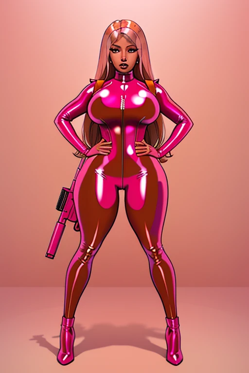(nicki minaj), (fullbody), curvy, brown skin, long pink hair with bangs, makeup, super detailed, glossy pink latex jumpsuit holding a pink rifle, glossy pink latex outfit, wearing techwear and armor, utility belt, gun holsters