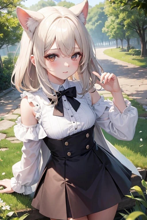 ((Obra maestra, La mejor calidad)),1girl, solamente, Orejas de animales, conejo, descalzo, falda, sentada, conejo ears, manga corta, (vejatorio, bashful, ruboroso: 1.3), Mirando a la audiencia, Hierba, pelo corto, cabello canoso, Mangas de hojaldre, al aire libre, fluffy manga corta, flequillo, sobre el terreno, cuerpo completo, animal, vestido blanco, luz del sol, brown eyes, mottled luz del sol, tag, sexy