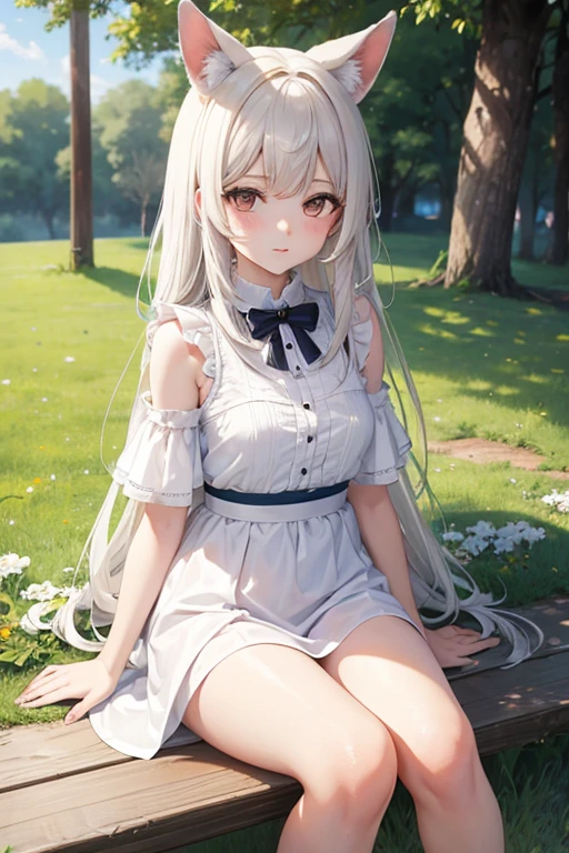 ((Obra maestra, La mejor calidad)),1girl, solamente, Orejas de animales, conejo, descalzo, falda, sentada, conejo ears, manga corta, (vejatorio, bashful, ruboroso: 1.3), Mirando a la audiencia, Hierba, pelo corto, cabello canoso, Mangas de hojaldre, al aire libre, fluffy manga corta, flequillo, sobre el terreno, cuerpo completo, animal, vestido blanco, luz del sol, brown eyes, mottled luz del sol, tag, sexy