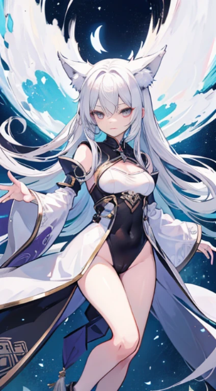 Anime girl with long white hair and black costume, leotard，highleg，a character portrait inspired by Li Chevalier, pixiv, rasquache, Holo is a wolf girl, white haired god, anime monster girl, holo if a wolf girl, white horns queen demon, white - haired fox, demon anime girl, a female anime character, vector shaded anime, silver eyes full body