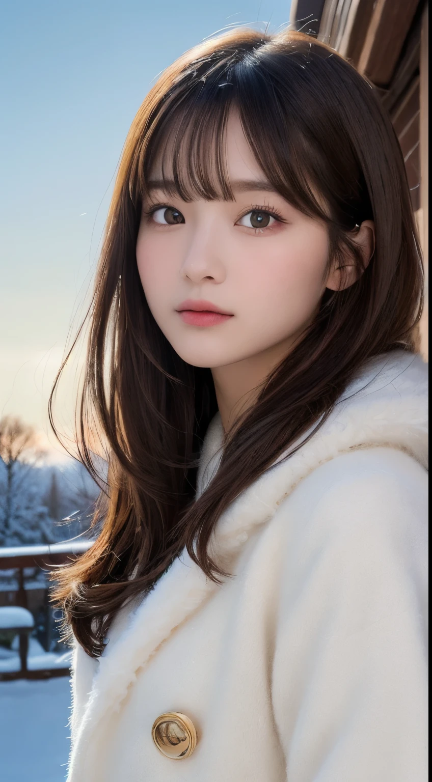 masutepiece, Best Quality, Illustration, Ultra-detailed, finely detail, hight resolution, 8K Wallpaper, Perfect dynamic composition, Beautiful detailed eyes, Fluffy winter clothes with fur,Medium Hair,Small breasts natural color lip、20 years girl、Cute、is looking at the camera,slim face and body
