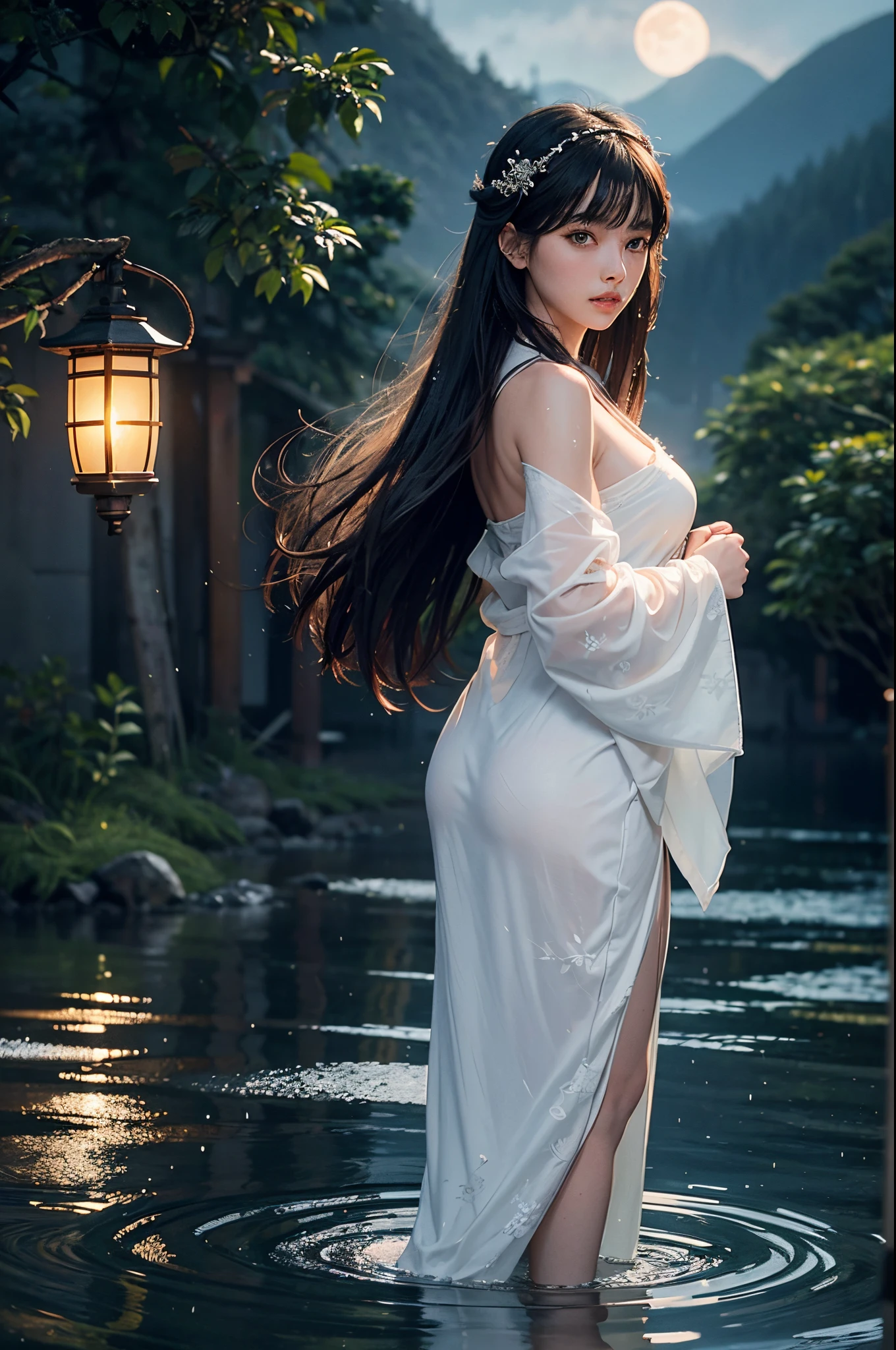 Young woman, very delicate and beautiful eyes, black hair, long hair, bangs, hair accessory, wet hair, very detailed, standing in ankle-deep water, reflection, moon, raining, wet clothes, Japanese clothes , white kimono, short, translucent, floral pattern, open shoulder, open chest, wet, lantern, night, outdoors, rain, mountains, clouds, lantern, night sky, trees, great detail, CG, movie light , Detailed background, East Asian architecture