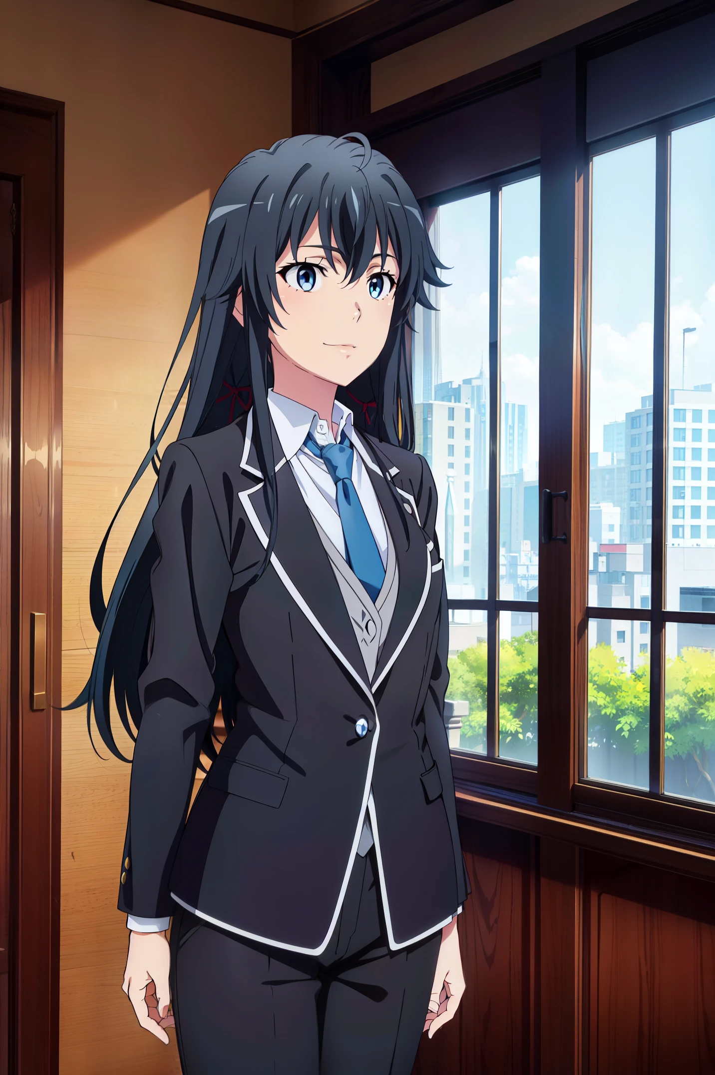 Best quality, masterpiece, highres,Yukinoshita yukino ,woman in formal attractive tailcoat standing in a large alcove in the room , 1girl, solo, blue necktie, black hair, blue eyes, long hair, smile , collared shirt, white pants, white shirt , tailored tailcoat elegant , standing in front of a window ,tailcoat tailored to elegant from the lustrous fabric
