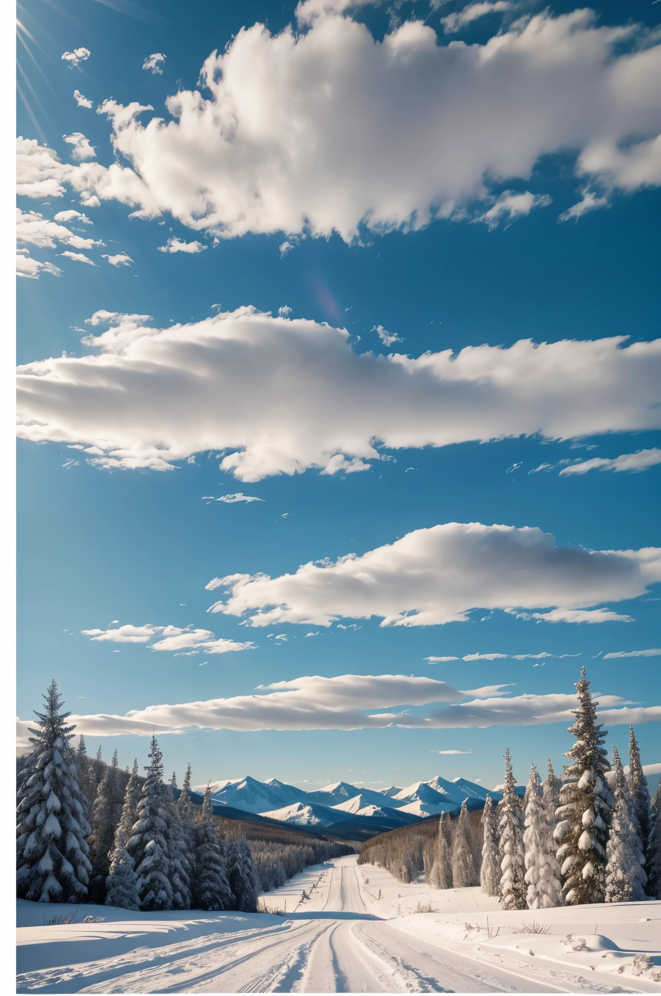 （Best quality at best：1.4)（best result：1.4）（Ultra-clear image quality：1.4）（ultra clear details：1.2）poster for， A road across the winter plains，There is a forest in the distance，skylines，sky sky,Ski slopes，White clouds and words &cite;winter solstice&cite; In heaven，There are only a few clouds in the sky