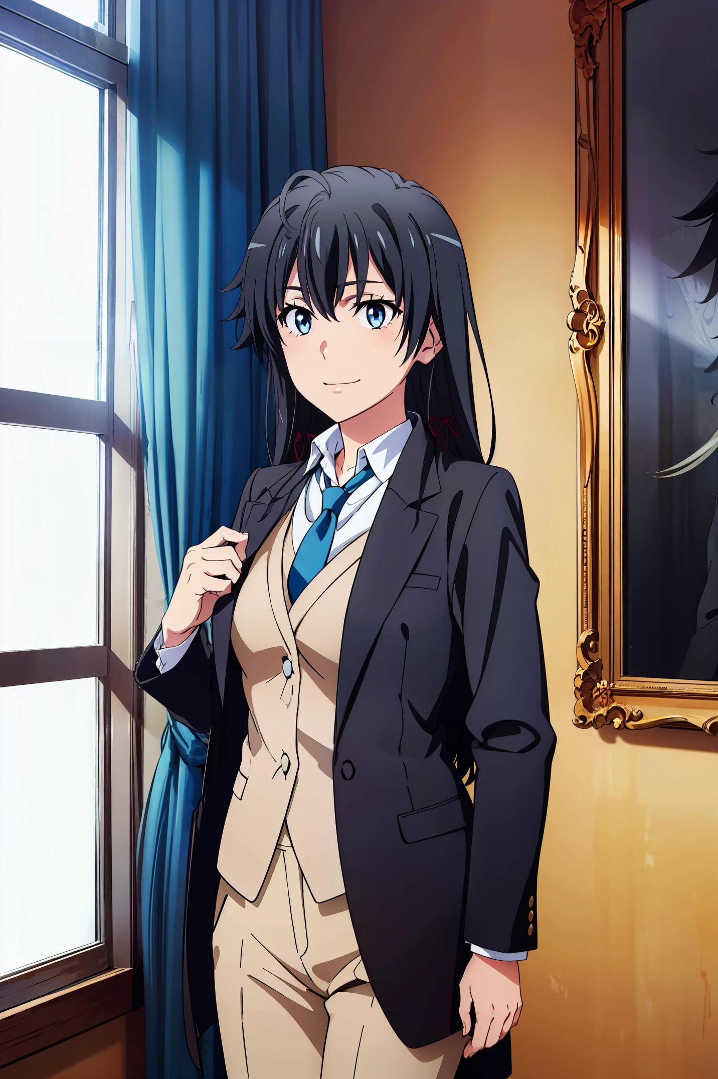 Best quality, masterpiece, highres,Yukinoshita yukino ,woman in formal attractive tailcoat standing in a large alcove in the room , 1girl, solo, blue necktie, black hair, blue eyes, long hair, smile , collared shirt, white pants, white shirt , tailored tailcoat elegant , standing in front of a window ,tailcoat tailored to elegant from the lustrous fabric