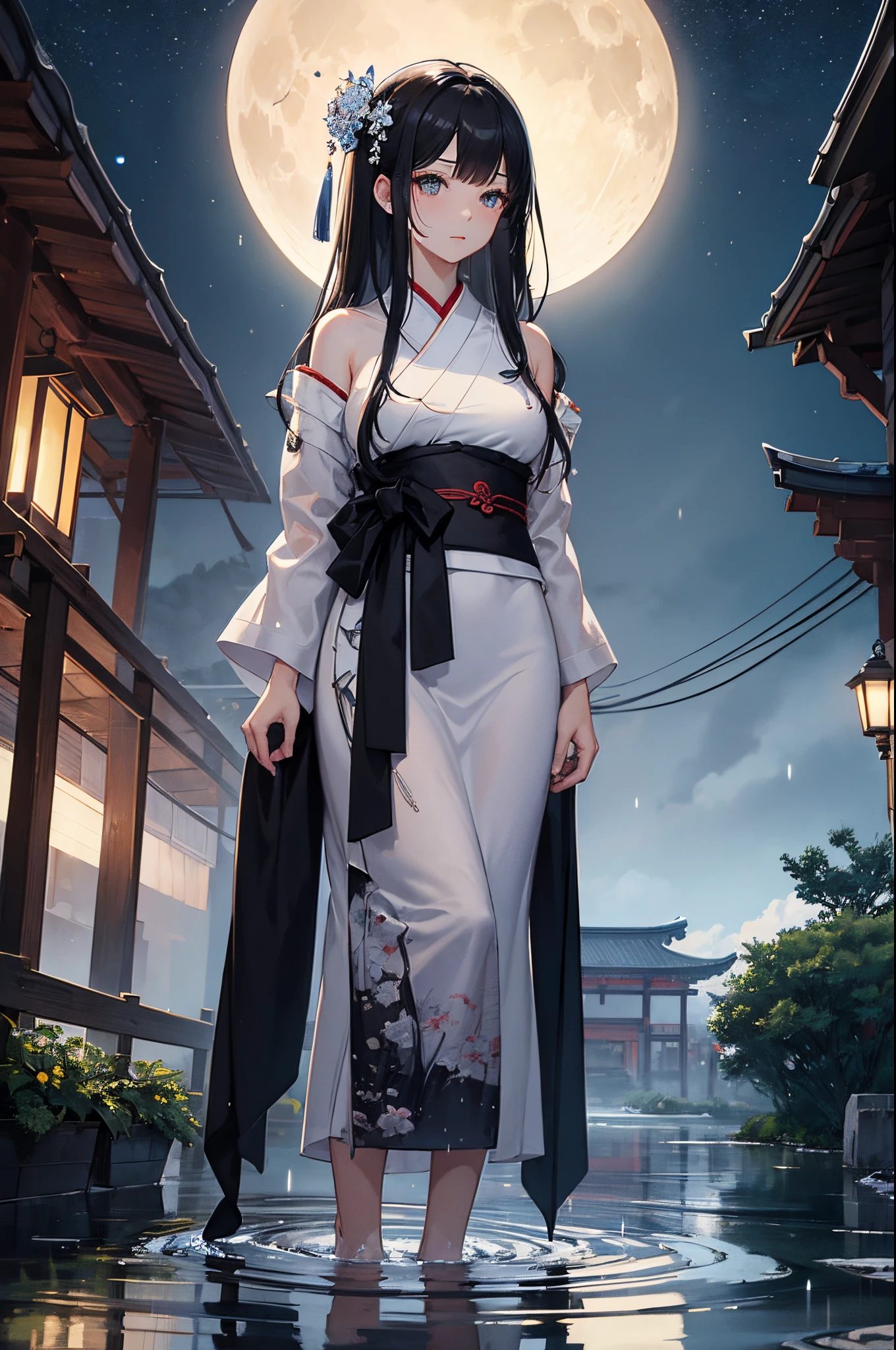 Young woman, very delicate and beautiful eyes, black hair, long hair, bangs, hair accessory, wet hair, very detailed, standing in ankle-deep water, reflection, moon, raining, wet clothes, Japanese clothes , white kimono, short, translucent, floral pattern, open neck, open shoulder, chest, wet, lantern, night, outdoors, rain, mountains, clouds, lantern, night sky, trees, very detailed, CG, Movie lighting, detailed backgrounds, East Asian architecture