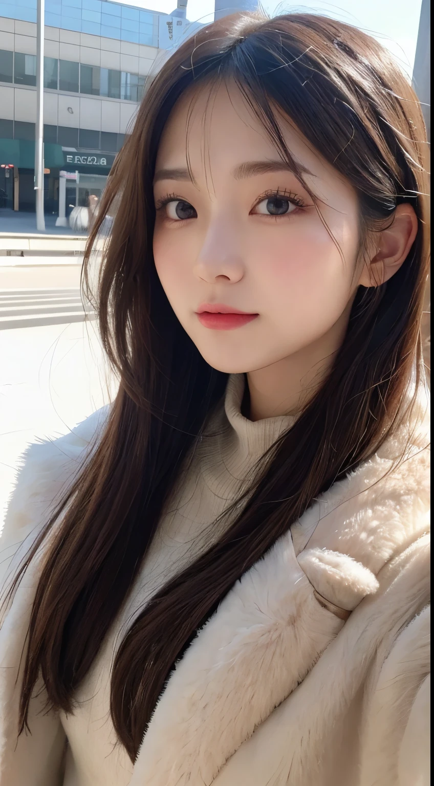 masutepiece, Best Quality, Illustration, Ultra-detailed, finely detail, hight resolution, 8K Wallpaper, Perfect dynamic composition, Beautiful detailed eyes, Fluffy winter clothes with fur,Medium Hair,Small breasts natural color lip、20 years girl、Cute、is looking at the camera,slim face and body,the met,KPOP Idol Face、Japan Idol Face,Beautiful detailed face,Perfect and beautiful face,Classy face