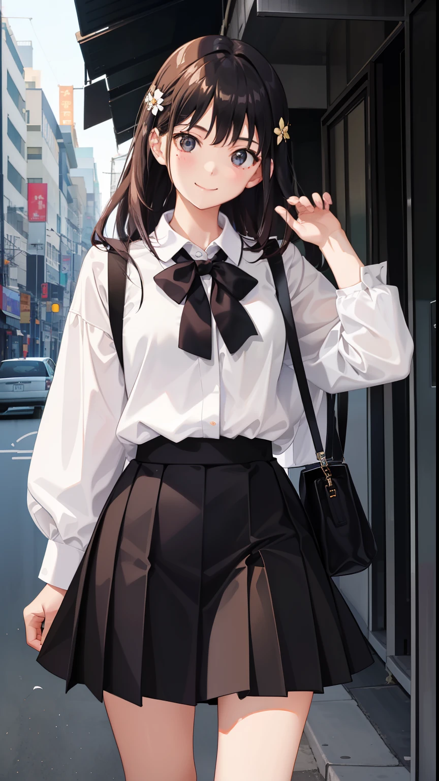 1girl in、A smile、The shirt、blouse、skirt by the、(small tits)Chilarism、movement、(Upper body portrait)、