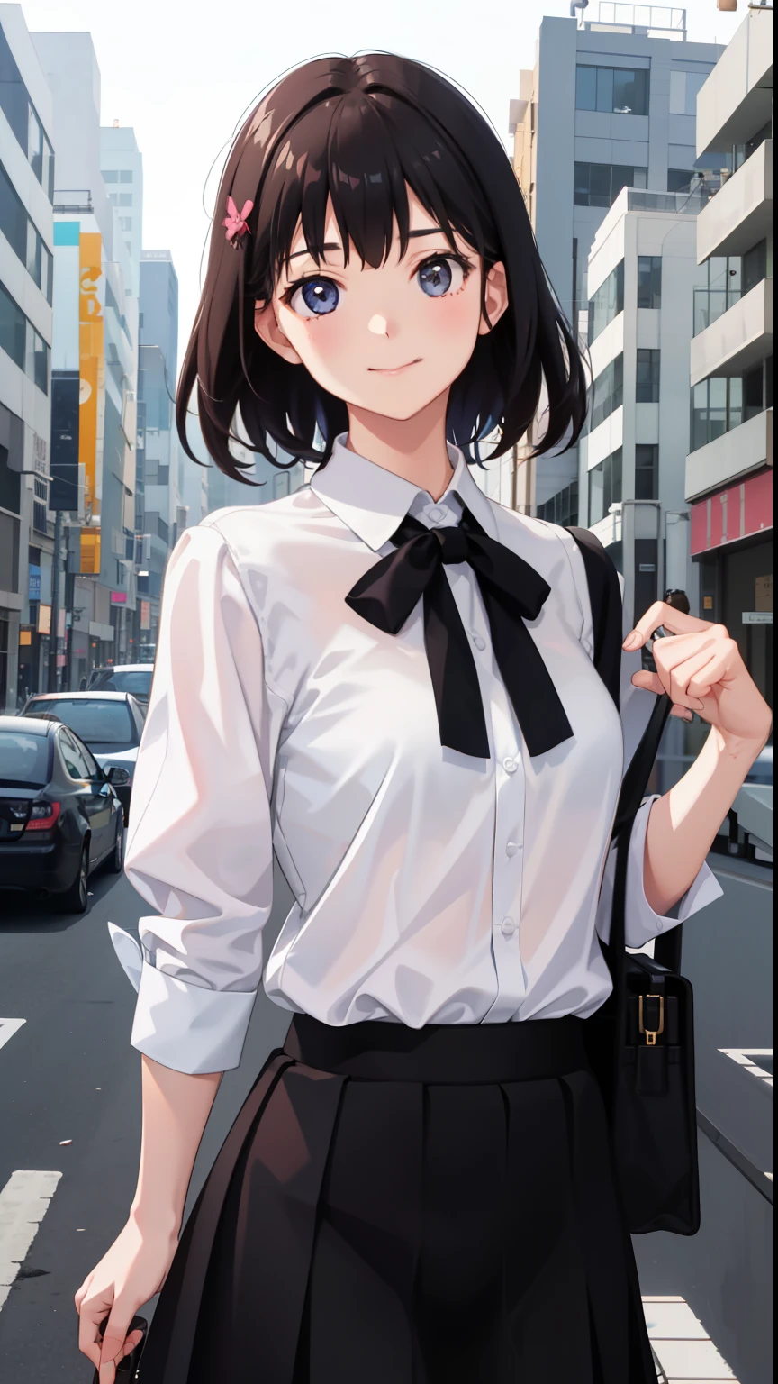 1girl in、A smile、The shirt、blouse、skirt by the、(small tits)Chilarism、movement、(Upper body portrait)、