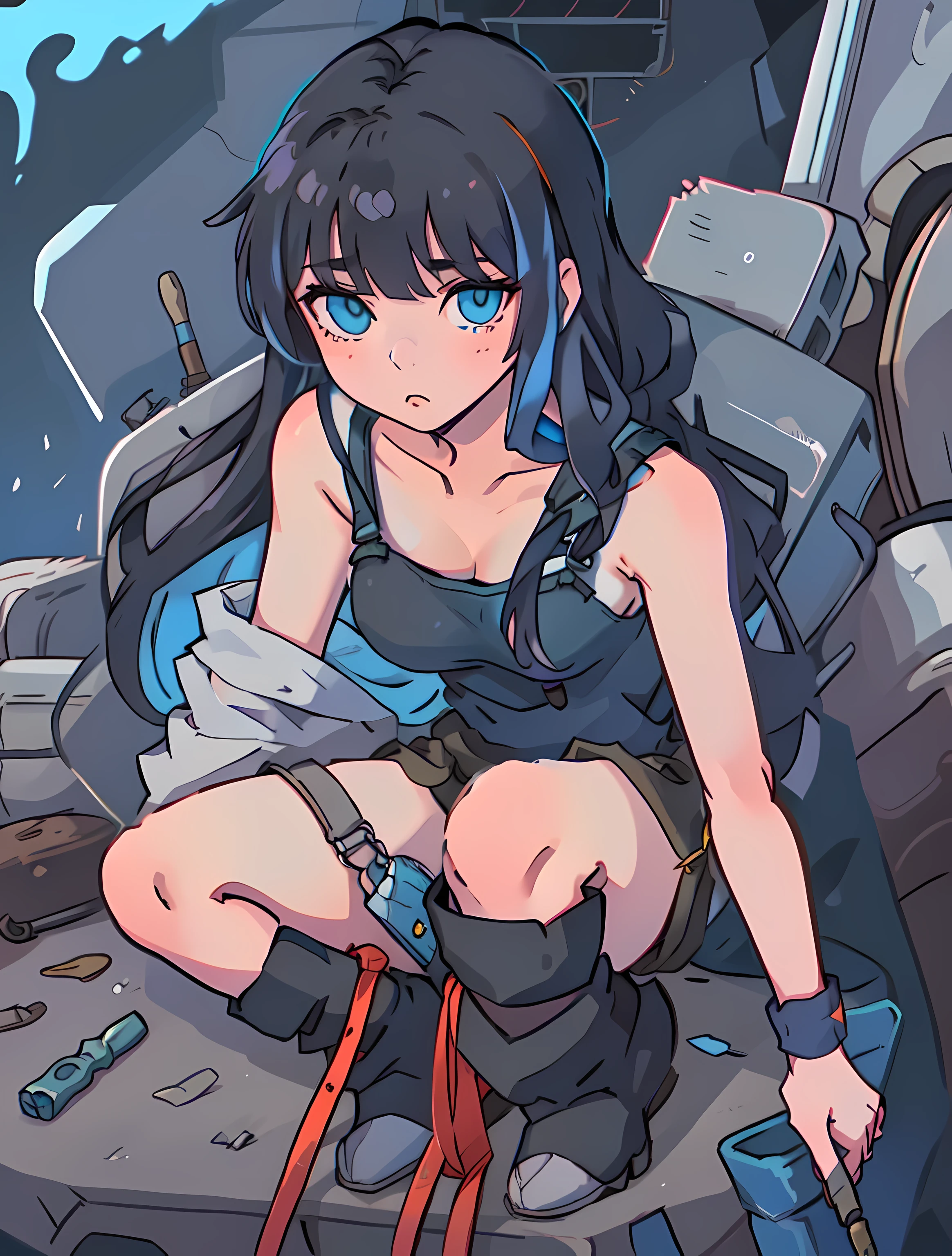 Black medium long hair girl.
The background is a machine factory, Create a heavy industrial atmosphere.
near, have a toolbox, and some scattered tools，por exemplo: wrench. focuses on the girl&#39;blue colored eyes. Capture her focused eyes. Girl wearing black tank top and dark overalls.
Highlight her mid-length hair, and depicts her wearing black boots.
Carry a fanny pack. There are tools inside.