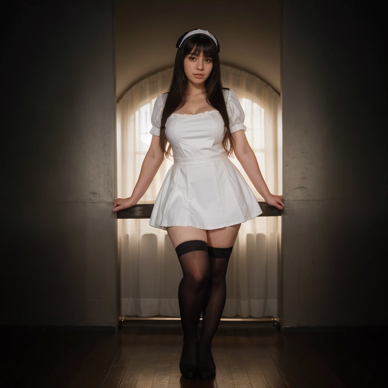 Full body photo of a pretty young 1girl, big cheeks, very long hair,  black hair, side-swept bangs, side fring hair, medium size breasts, maid uniform, , Full body , best quality, realistic, 8k,