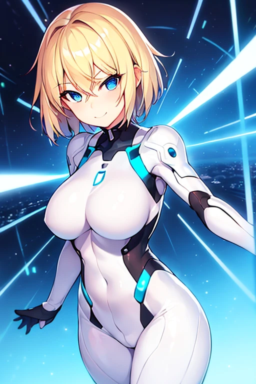 1girl, breasts, wide hips, large breasts, blonde hair, very short hair, blue eyes, smile, smirk, smug, bodysuit, white bodysuit, futuristic, science-fiction, tech, neon, neon trim, incoming hug, reaching towards viewer, pixie cut, boyish, tomboy