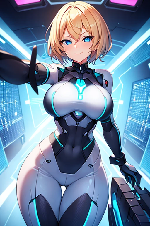 1girl, breasts, wide hips, large breasts, blonde hair, very short hair, blue eyes, smile, smirk, smug, bodysuit, white bodysuit, futuristic, science-fiction, tech, neon, neon trim, incoming hug, reaching towards viewer, pixie cut, boyish, tomboy