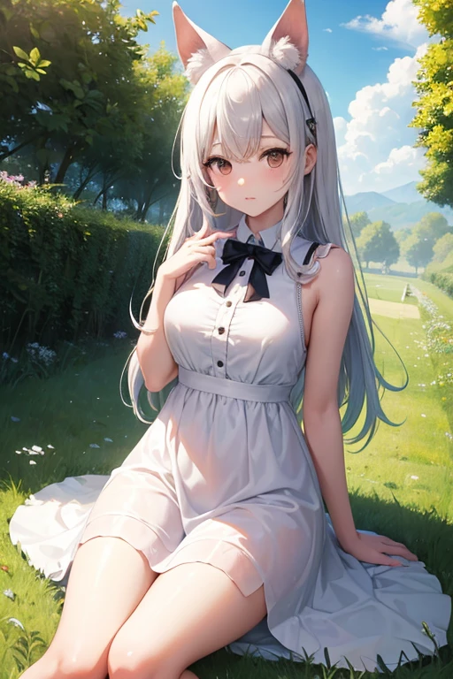 ((Obra maestra, La mejor calidad)),1girl, solamente descalzo, falda, sentada, conejo ears, manga corta, (vejatorio, bashful, ruboroso: 1.3), Mirando a la audiencia, Hierba, pelo corto, cabello canoso, Mangas de hojaldre, al aire libre, fluffy manga corta, flequillo, sobre el terreno, cuerpo completo, animal, vestido blanco, luz del sol, brown eyes, mottled luz del sol, tag, sexy
