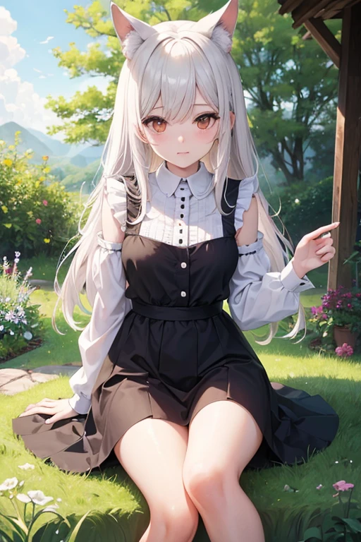 ((Obra maestra, La mejor calidad)),1girl, solamente descalzo, falda, sentada, conejo ears, manga corta, (vejatorio, bashful, ruboroso: 1.3), Mirando a la audiencia, Hierba, pelo corto, cabello canoso, Mangas de hojaldre, al aire libre, fluffy manga corta, flequillo, sobre el terreno, cuerpo completo, animal, vestido blanco, luz del sol, brown eyes, mottled luz del sol, tag, sexy
