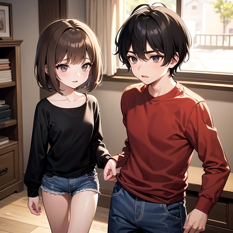 masterpiece, best quality, child, brother and sister, age difference, (1boy, medium hair, light brown hair, grey eyes, black shirt, long sleeves, pants, denim), (1girl, very short hair, brown hair, brown eyes, red shirt, black shorts), indoors